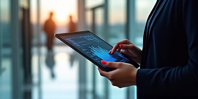 Business executive analyzing real-time data on a tablet