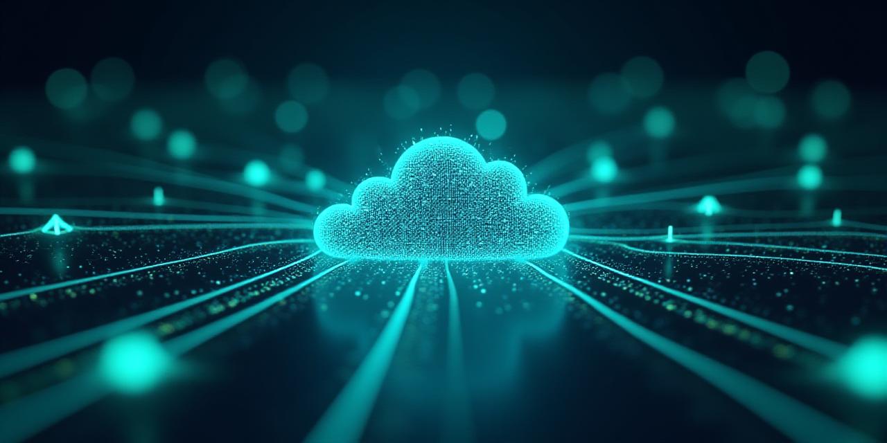 Futuristic digital representation of a data warehouse connecting to an AI analytics dashboard