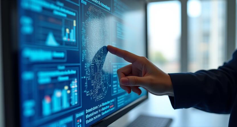 Data scientist analyzing complex neural network graphs and machine learning models