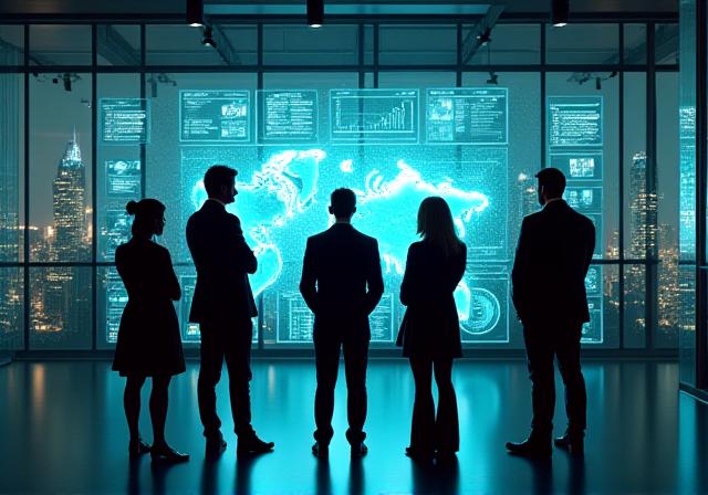 Team collaborating over a modern AI analytics dashboard