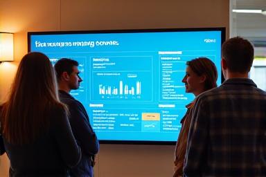 Marketing team discussing campaign performance data in a modern office