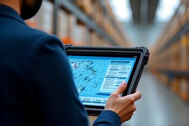 Warehouse operations manager using a digital dashboard to optimize logistics